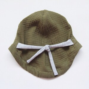 Summer hat made of muslin, baby and children's sun hat, tie hat, muslin hat, olive green/gray image 3