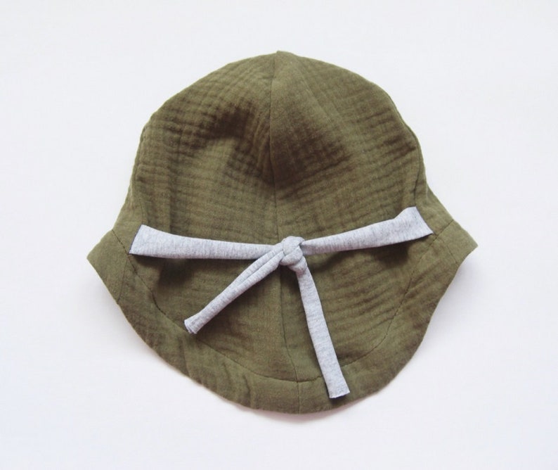 Summer hat made of muslin, baby and children's sun hat, tie hat, muslin hat, olive green/gray image 3