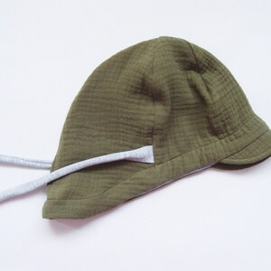 Summer hat made of muslin, baby and children's sun hat, tie hat, muslin hat, olive green/gray image 2