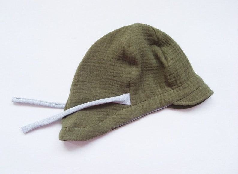 Summer hat made of muslin, baby and children's sun hat, tie hat, muslin hat, olive green/gray image 2