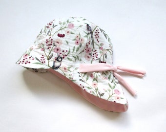 Summer hat made of muslin, baby and children's sun hat, tie hat, muslin hat, white, birds, flowers