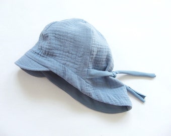 Summer hat made of muslin, baby and children's sun hat, tie-on hat, muslin hat, blue