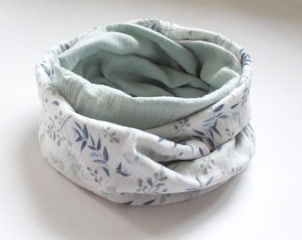 Muslin loop scarf, watercolor leaves, white/antique mint, women's scarf made of double gauze