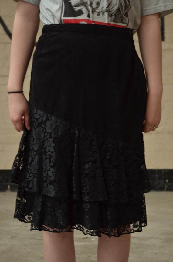 Vintage Black Suede and Lace Midi Skirt