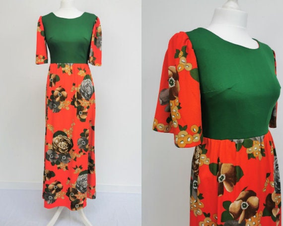 Vintage Red and Green Floral Maxi Dress 70s 80s