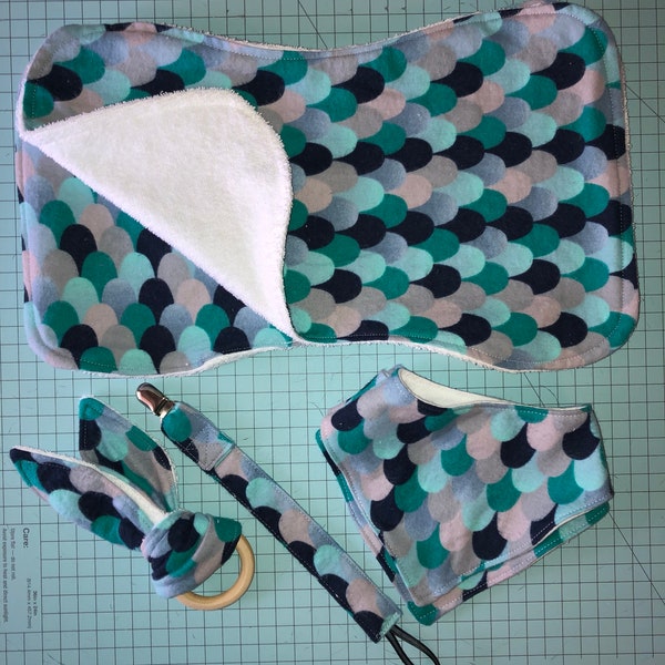 Baby Gift Set- burb cloth, bandana bib, crinkle toy, & pacifier clip. Made to order.