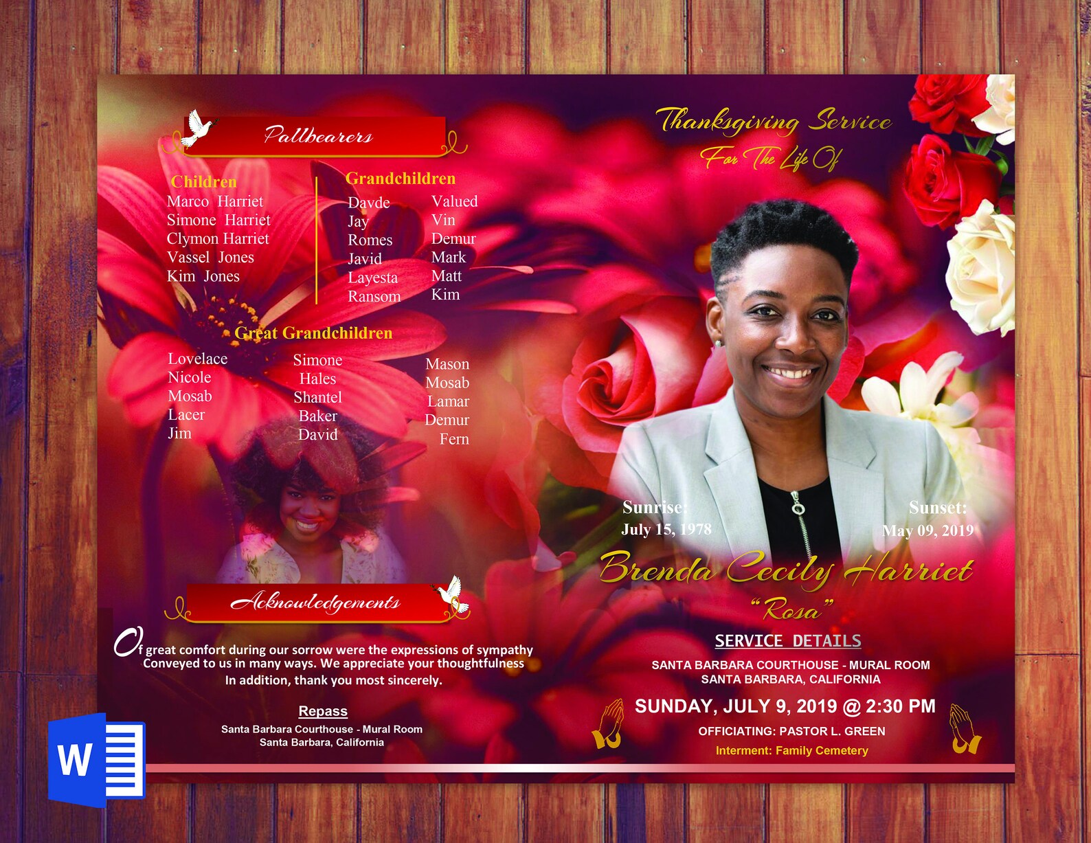 Red white gold Funeral Program digital download Invitation Etsy