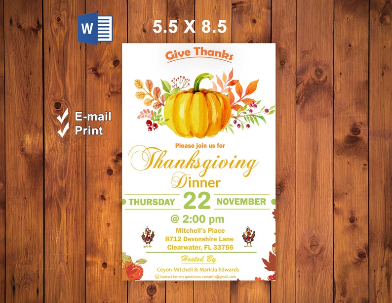 Wall Art Microsoft Word Printable Thanksgiving Dinner Invitation Template Email Instant Download Printable