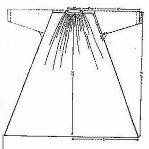 May include: A black and white line drawing of a garment with a wide, circular neckline and long, wide sleeves. The garment is 57 inches long and 58 inches wide.