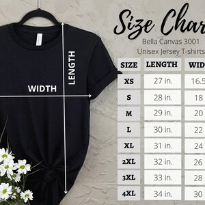 K&ouml;nnte beinhalten: Gr&ouml;&szlig;entabelle f&uuml;r Bella Canvas 3001 Unisex-Jersey-T-Shirts. Die Tabelle zeigt die L&auml;nge und Breite in Zoll f&uuml;r die Gr&ouml;&szlig;en XS bis 4XL.