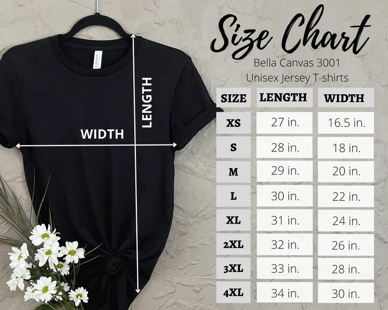 K&ouml;nnte beinhalten: Gr&ouml;&szlig;entabelle f&uuml;r Bella Canvas 3001 Unisex-Jersey-T-Shirts. Die Tabelle zeigt die L&auml;nge und Breite in Zoll f&uuml;r die Gr&ouml;&szlig;en XS bis 4XL.