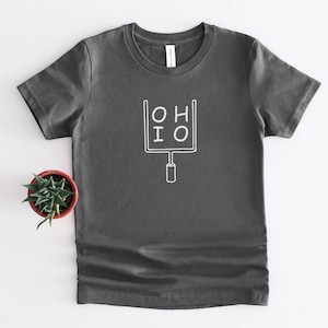 May include: Dark gray t-shirt with a white graphic of a football goalpost and the word "OHIO" in capital letters. A small potted succulent plant sits to the left of the shirt. The shirt is made of soft material.
