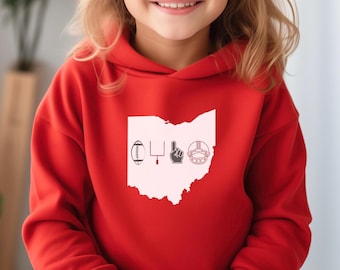 May include: A red hoodie with a white outline of Ohio and football-themed graphics. The graphics include a football, goal post, foam finger, and a helmet. The hoodie is made of a soft material.