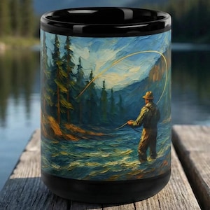 Fly Fishing Coffee Mug: Trout River Art, Outdoorsman Gift
