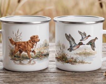 Taza de esmalte de 355 ml con diseño de perro cobrador de Nueva Escocia y cerceta aliazul. Regalo ideal para cazadores.