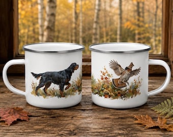 Taza esmaltada con diseño de setter Gordon y urogallo, regalo para la caza en tierras altas (355 ml)