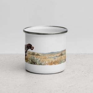 German Wirehaired Pointer and Sharp-Tailed Grouse Enamel Mug, GWP Owner Gift, Upland Bird Hunting Camp Coffee Cup, 12 oz