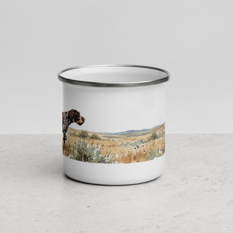 German Wirehaired Pointer and Sharp-Tailed Grouse Enamel Mug, GWP Owner Gift, Upland Bird Hunting Camp Coffee Cup, 12 oz