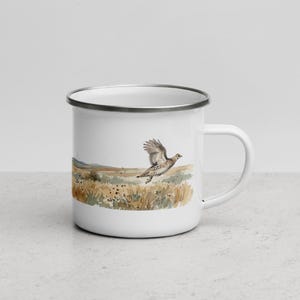 German Wirehaired Pointer and Sharp-Tailed Grouse Enamel Mug, GWP Owner Gift, Upland Bird Hunting Camp Coffee Cup, 12 oz