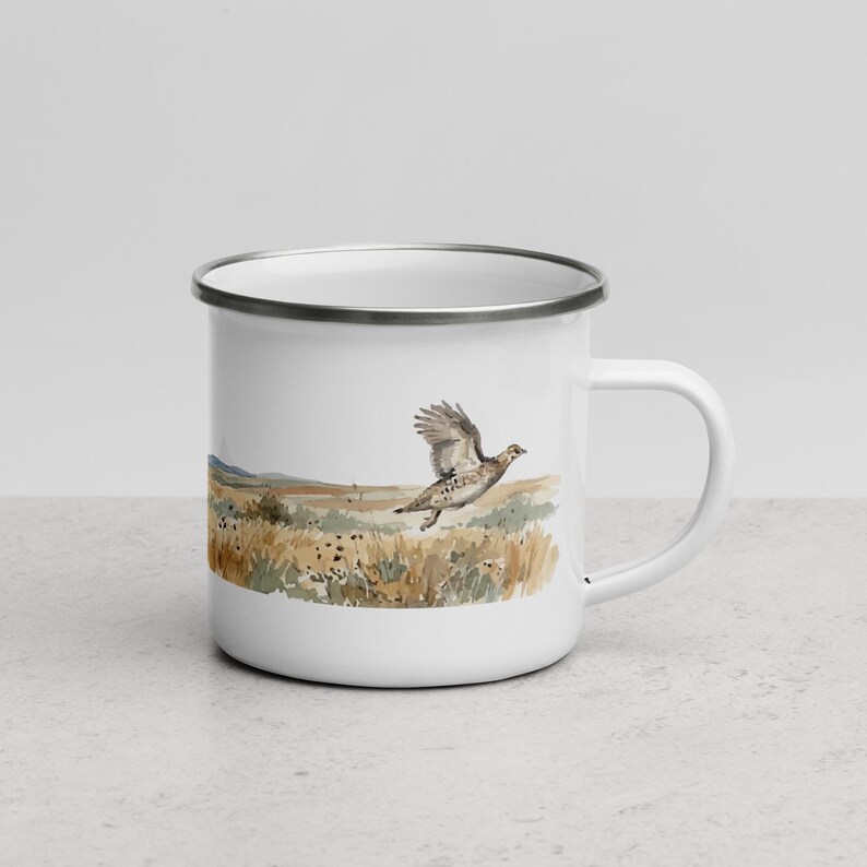 German Wirehaired Pointer and Sharp-Tailed Grouse Enamel Mug, GWP Owner Gift, Upland Bird Hunting Camp Coffee Cup, 12 oz