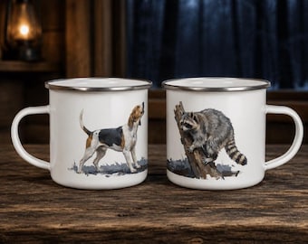 Taza de esmalte con diseño de Treeing Walker Coonhound Raccoon Camp, taza de café con diseño de perro de caza.