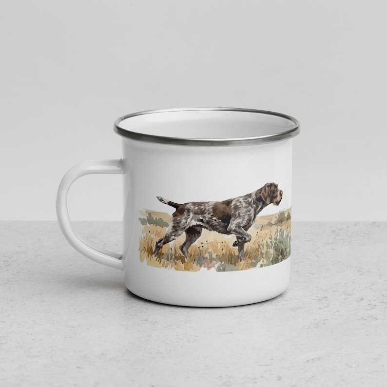 German Wirehaired Pointer and Sharp-Tailed Grouse Enamel Mug, GWP Owner Gift, Upland Bird Hunting Camp Coffee Cup, 12 oz