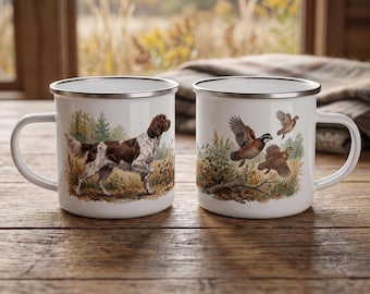 Taza pequeña de esmalte con diseño de codorniz Munsterlander y Bobwhite, regalo para amantes de los perros de caza (355 ml)