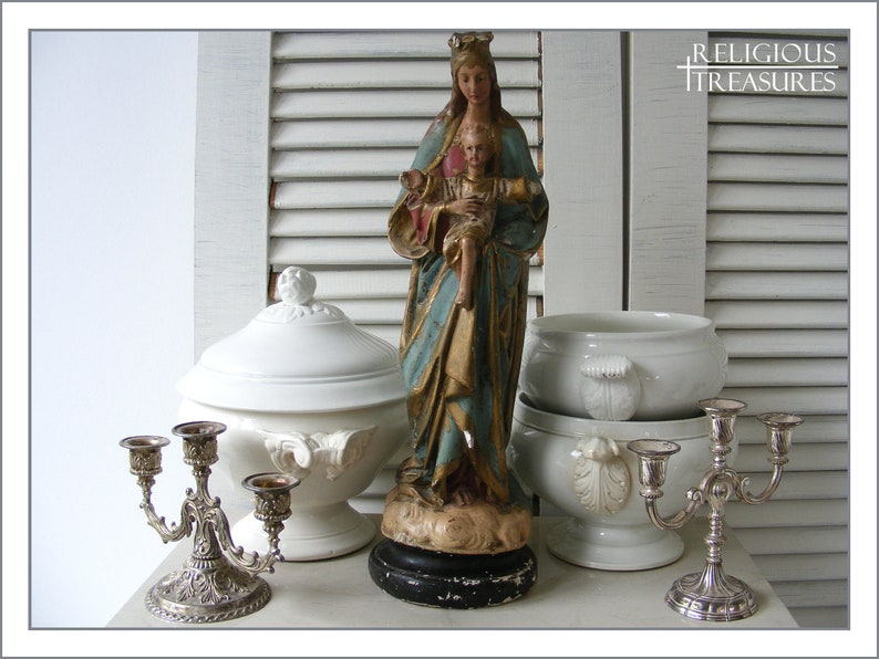 FRANCE Antique French Madonna statue Christ Child plaster image 0