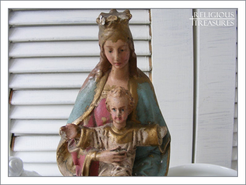 FRANCE Antique French Madonna statue Christ Child plaster image 3