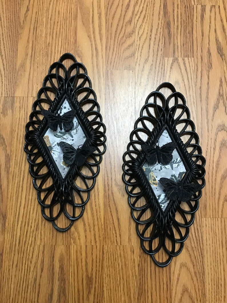 best selling item upcycled Homco decor PAIR Goth wall sconce with Black butterflies set of 2 ~ gothic wall accents ~ gothic decor