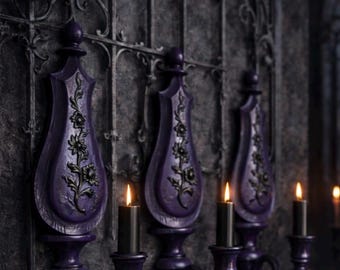 Gothic Victorian trio candle holders, Homco Upcycled vintage candle holder sconces, Victorian wall goth decor, purple black floral sconces