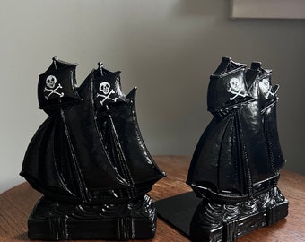Vintage upcycled book ends, pirate ship bookends, black nautical decor, coastal gothic decor
