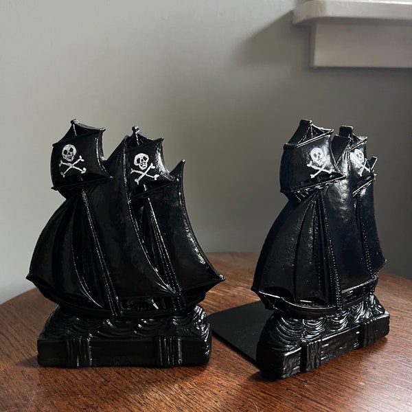 Vintage upcycled book ends, pirate ship bookends, black nautical decor, coastal gothic decor