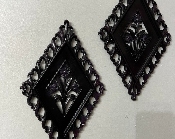 Pair Victorian Goth Decor, Vintage Wall Plaque, Black Wall Art, Gothic