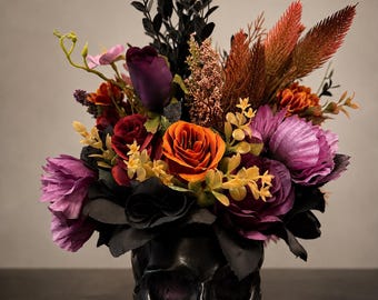 Gothic Skull Floral Arrangement, Black Skull Centerpiece, Purple Orange Halloween Flowers, Dark Victorian Decor, Gothic Home Accent