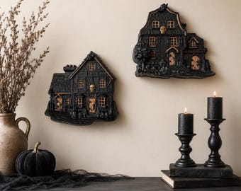 Haunted House Wall Decor Set of 2, Black Gothic Halloween Wall Hanging, Spooky Haunted Village Decor, Victorian Gothic Home Decor