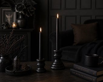 Gothic Candle Holders Set, Black Taper Candle Holders, Mini Wood Candlesticks, Dark Romantic Decor, Gothic Wedding Centerpiece, Gothmas Deco