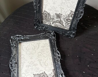 Black ornate picture frame, painted black w silver accents, gothic frames, set of 5x7 picture frame, black silver frame, desktop frame pair
