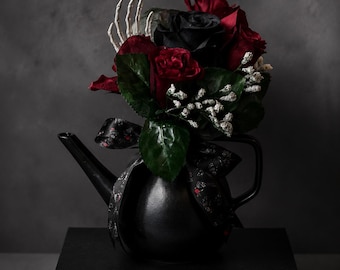 Black and red roses mini  handle me  watering vase centerpiece, gothic floral arrangement, gothic home decor, Victorian table accent,