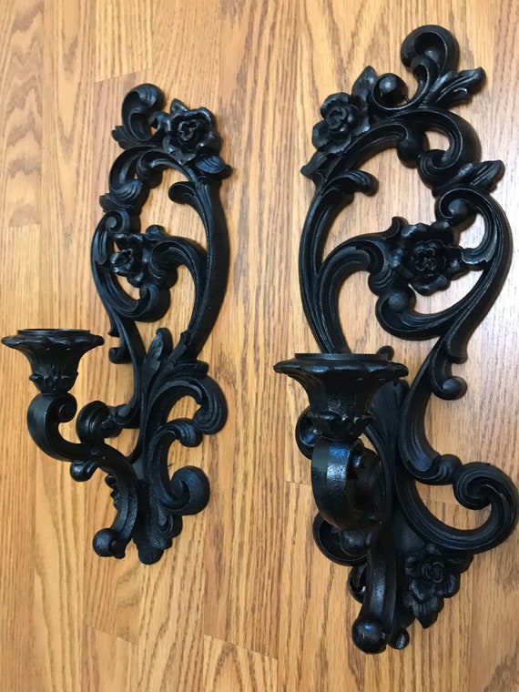 Gothic Victorian Wall Candlesticks, Vintage Pair Wall Sconces