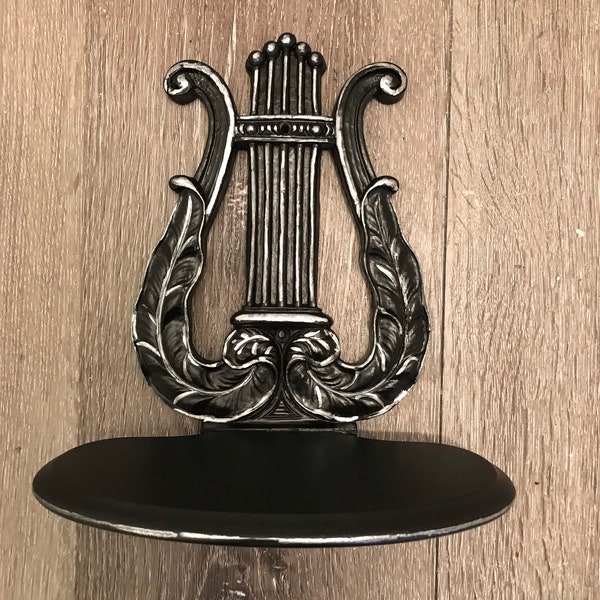 Victorian gothic mini harp shelf, wall display, gothic shelf, black and silver decorative shelf, vintage harp lyre shelf