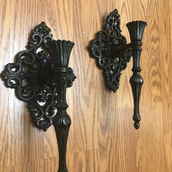 Victorian gothic wall sconce, Black gold wall sconces, pair metal sconces, gothic home decor, ornate gothic sconces
