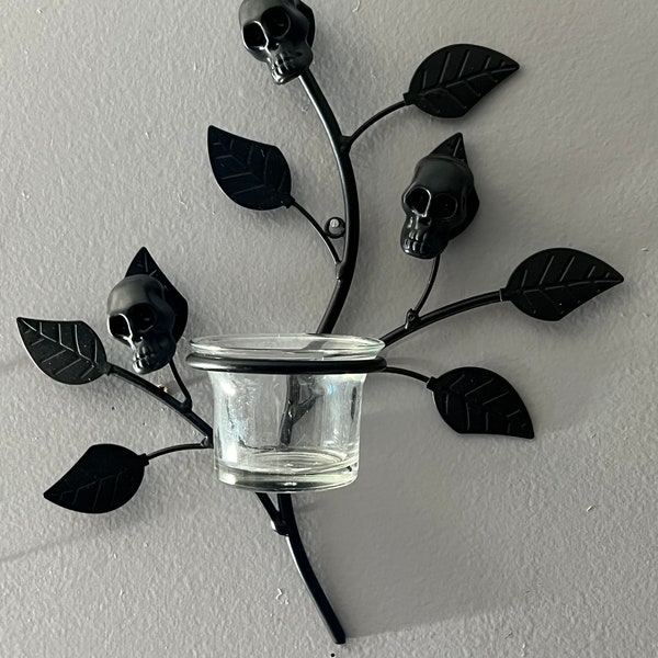 Skull candke wall decor, black leafy wall sconce, gothic skull tea light holder, unique item curiosity wall, skull sconce sold separately