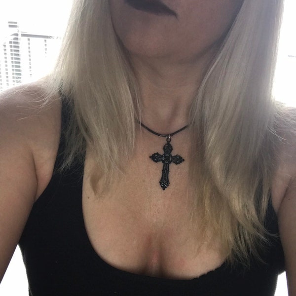 Black cross gothic necklace, gothic jewelry, costume Halloween cross necklace, goth cross necklace