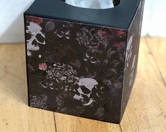 Death Decor Gothic Skull Tissue Box Cover - Heavyweight Resin, Black, Fits Standard Square Boxes