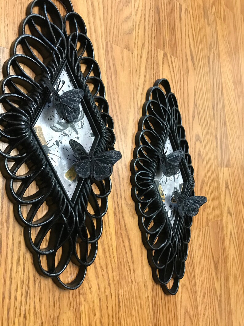 best selling item upcycled Homco decor PAIR Goth wall sconce with Black butterflies set of 2 ~ gothic wall accents ~ gothic decor