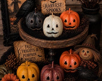 Primitive Mini Jack O Lantern Pumpkins | Set of 3 | Harvest Halloween Bowl Fillers | Tiered Tray Decor | Distressed Paper Mache Pumpkins