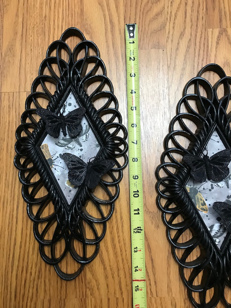 best selling item upcycled Homco decor PAIR Goth wall sconce with Black butterflies set of 2 ~ gothic wall accents ~ gothic decor