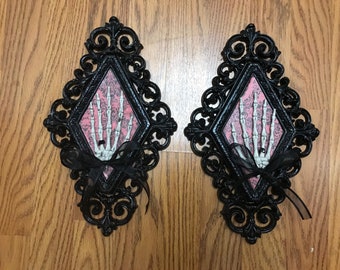 PAIR Goth wall sconce with SKELETON hands set of 2 ~ gothic wall accents ~ gothic decor, upcycled Homco decor, - Til death do us part