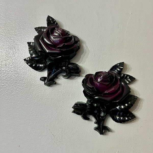 Pair Rose Plaques, Victorian Goth Decor, Vintage Wall Plaque, Purple & Black Wall Art, Gothic Home Decor, Black Wall Decor, Dark Decor